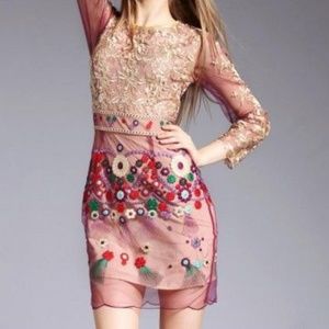 Metisu Pink Mesh Embroidered Waved Hem Mini Dress